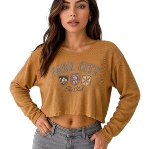 Park City Ski Club Brown Graphic Thermal Crop Top L